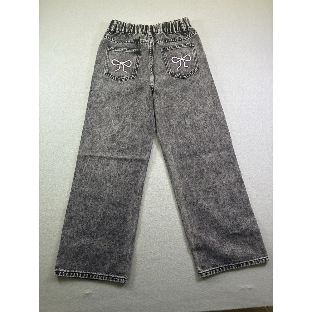 Girls Bow Print Back Zipper Fly Elastic High Waist Denim Pants Wide Leg Jean 13y